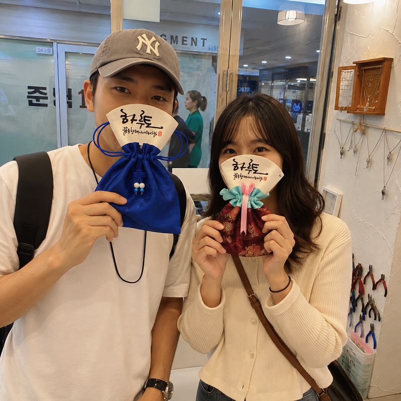서면에서 한복 복주머니를 든 두 여행자